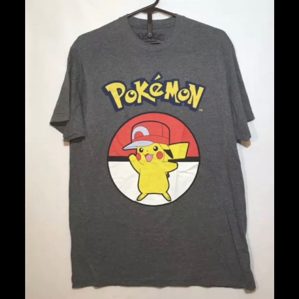 Pokemon Gray Large Short Sleeve Crew Neck T Shirt Pikachu Poke Ball
